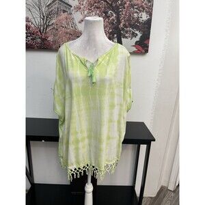 CHAPS Mint Green Tie Dye Fringe Poncho Top Women's Size M Boho Cover Up